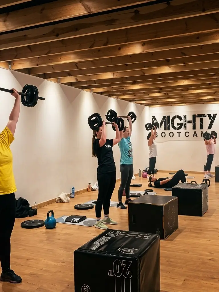 Members training with barbells in a coached group session at Mighty Fitness, Durham